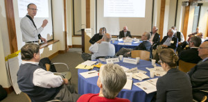 Patrick Field, a facilitator from the Consensus Building Institute in Boston, speaks to participants in the inaugural North Carolina Leadership Forum at the Sanford School of Public Policy.